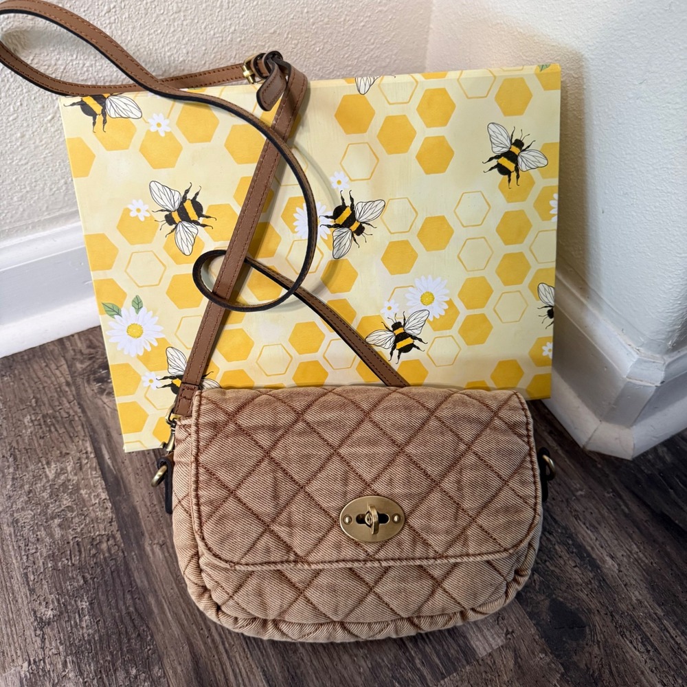 Patricia Nash Quilted Denim Leather Trim Bonny Crossbody Saddle Bag in Biscuit